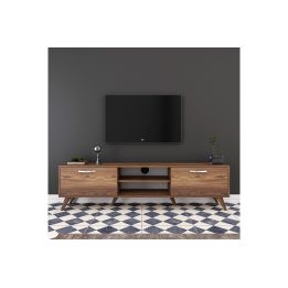 Mueble de TV en Nogal con 2 Cajones y Estantes - 180x35x48.5 cm con Patas de Madera.