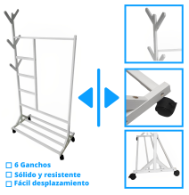 Perchero colgador multiusos con ruedas,  portatil, madera maciza color blanco