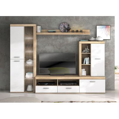 Mueble de Salón Moderno con Leds, Acabado en Cambria - Blanco, Medidas: 260 cm (An) x 191 cm (Al) 47,5 cm (Fo) Meyvaser