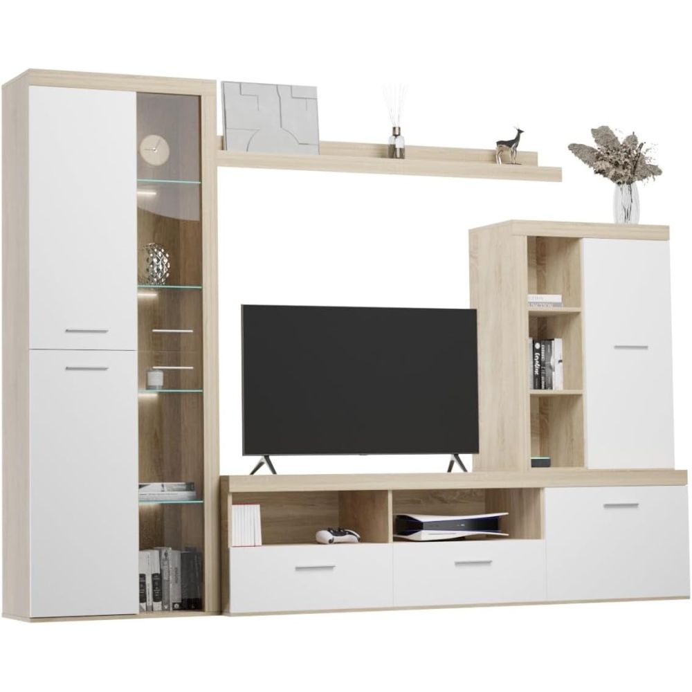 Mueble de Salón Moderno con Leds, Acabado en Cambria - Blanco, Medidas: 260 cm (An) x 191 cm (Al) 47,5 cm (Fo) Meyvaser