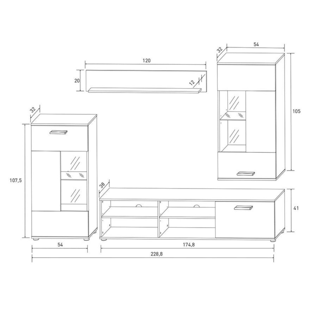 Mueble de Salón Moderno con Leds, Acabado en Andersen, 38 cm (Fon), 229x200 cm