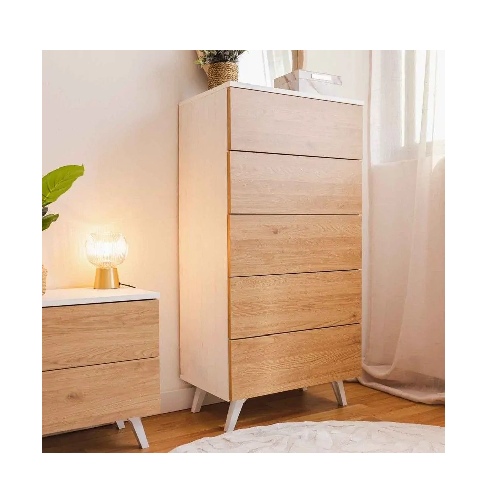 Meyvaser - Sinfonier con 5 Cajones y con Patas, Comoda Cajonera, Color Roble y blanco, 60cm (Anc) x 118,5cm (Al) x 37,8cm (Fon)