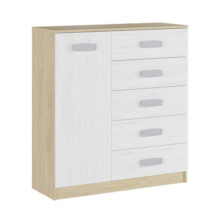 Cómoda Grande para Dormitorio o Salón – Natural y Blanco, 60 x 108 x 60 cm, 1 Puerta y 5 Cajones de Almacenaje.
