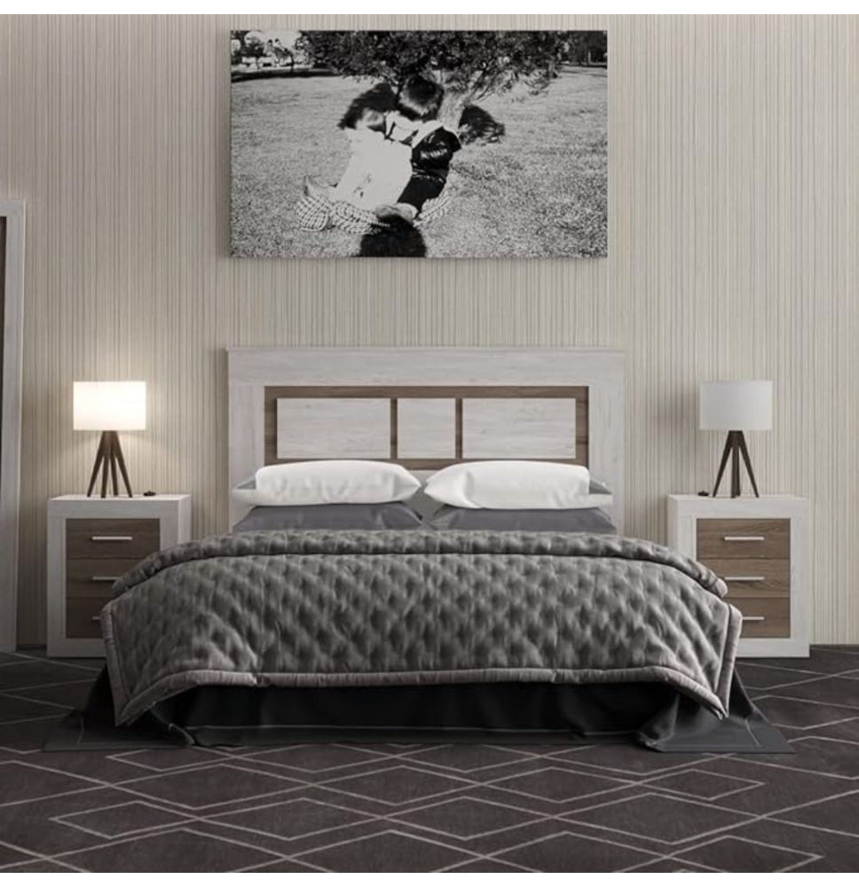 Cabezal para Cama de Matrimonio con patas, Color Pino y Gris, Medidas: 160 cm (Ancho) x 119,3 cm (Alto) x 3,8 cm (Fondo)