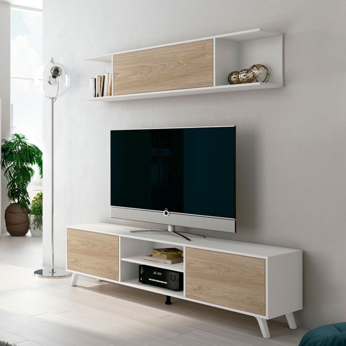 Mueble de TV de Diseño Nórdico + Modulo Alto,2 Estantes y 2 Puertas,Cambrian-Blanco, 49cm(Al) x 180cm (An) x 40cm (Fon)