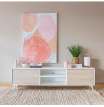 Mueble de TV de Diseño Nórdico, 2 Estantes y 2 Puertas, Cambria - Blanco, 49cm (Al)x 180cm (Anc) x 40cm (Fon)