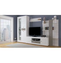 Mueble de Salón Moderno con Leds, Acabado en Andersen Pino -Gris, Medidas: 300 cm (Anc) x 200 cm (Al) 40 cm (Fon)