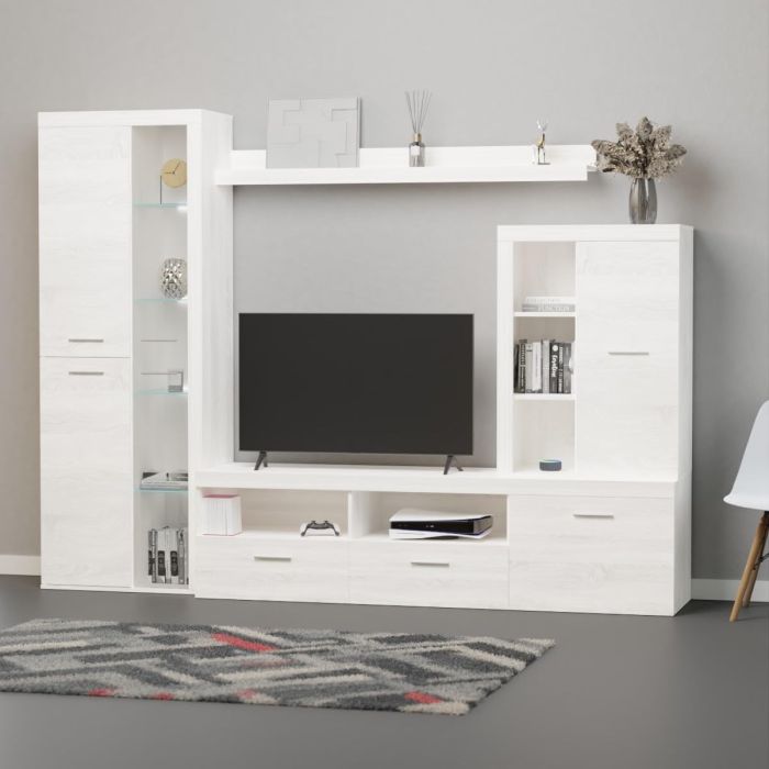 Mueble de Salón Moderno con Leds, Acabado en Andersen Pino, Medidas: 260 cm (Ancho) x 191 cm (Alto) 47,5 cm (Fondo)