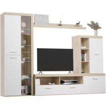 Mueble de Salón Moderno con Leds, Acabado en Cambria - Blanco, Medidas: 260 cm (Ancho) x 191 cm (Alto) 47,5 cm (Fondo)