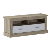 Mueble TV,Mesa de televisión 2 Puertas y 2 Estantes, Acabado en Cambria y Blanco, Patas de Madera, 135 cm Lar x 56,6 cm Al