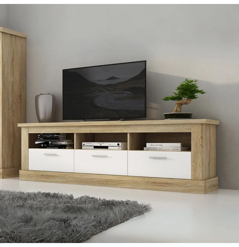 Mueble TV, Mesa de televisión 3 Puertas y 3 Estantes, Acabado en Cambria y Blanco, Patas de Madera,180 cm Lar x 56,6 cm Al x
