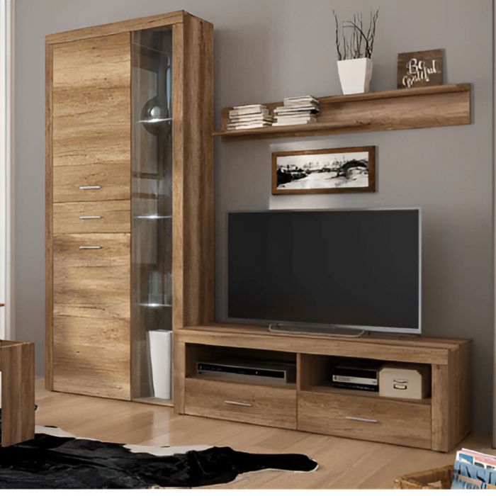 Mueble de Comedor, Mueble Salón, Acabado en Color Cañón, Medidas: 230 cm (Ancho) x 212 cm (Alto) x 41,4 cm (Fondo)