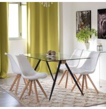 Mesa de Comedor de Cristal Templado - Patas Metálicas Negras y Travesaño de Madera | Diseño Moderno | 140x90 x 75 cm