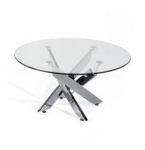 Mesa de Centro Redonda con Tapa de Cristal 8 mm y Patas Metálicas Cruzadas en Acabado Cromo - Mueble Moderno - Medidas 80x40 cm