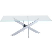 Mesa de Centro con Tapa de Cristal Templado de 8 mm y Patas Metálicas Cruzadas en Acabado Crema -  Medidas 110x55x45 cm