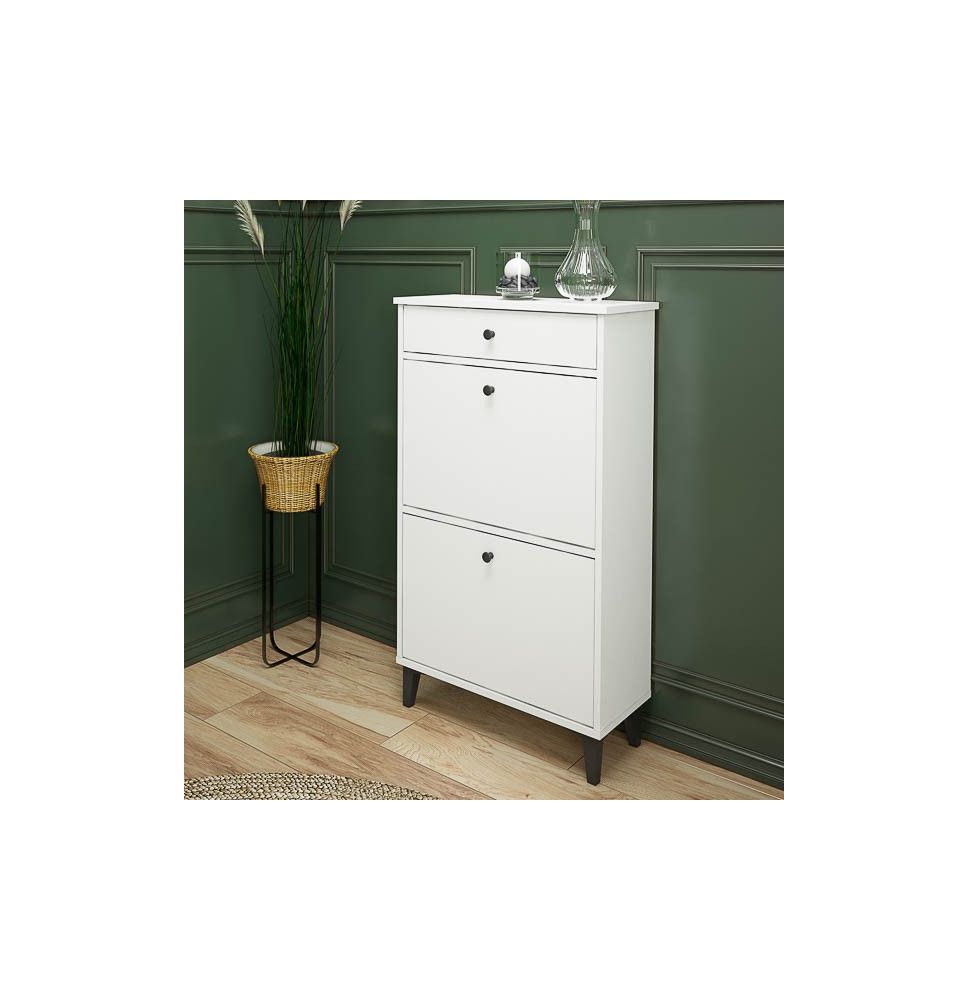 Mueble Zapatero Blanco con 2 Puertas y 1 Cajón | 61,1 x 110 x 25 cm