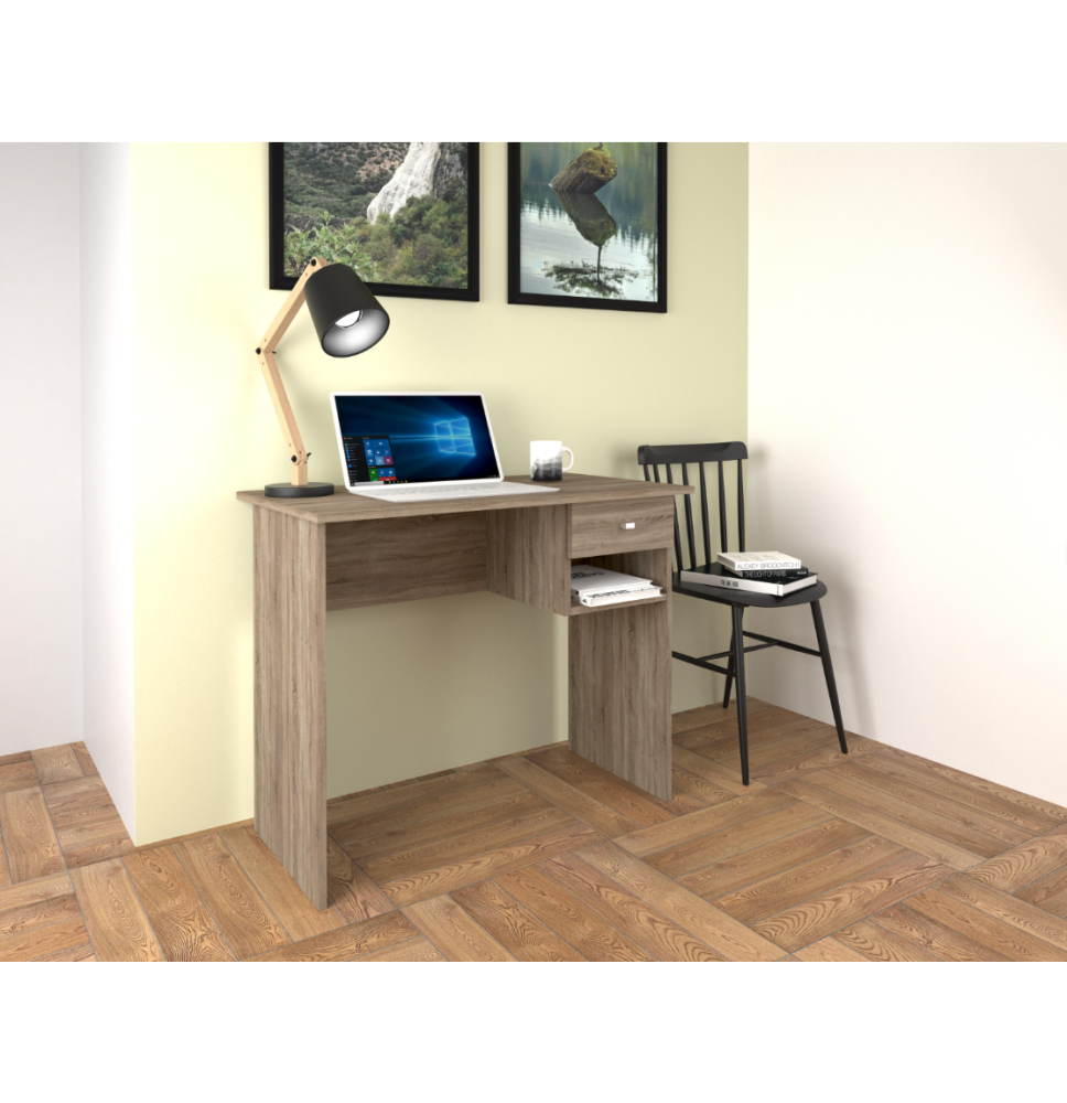 Mesa de Escritorio y Trabajo en Color Roble, 90x50x74cm - Con Cajón y Estante para Oficina o Estudio