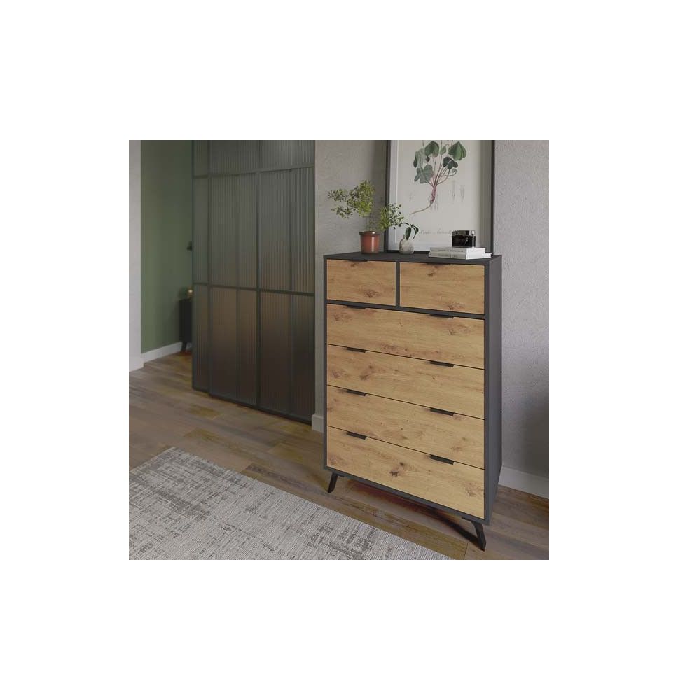 Cómoda con 6 Cajones, para Dormitorio, Acabado en Color Gris/roble, Medidas: 80 cm (Ancho) x 122 cm (Alto) x 48 cm (Fondo)