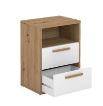 Mesita de Noche 2 cajones y 1 Estante, Mesilla de Noche,Color Blanco y roble, Medidas: 48 cm (Anc) x 33,6 cm (Fon) x 64 cm (Al)