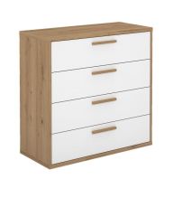 Cómoda con 4 Cajones, para Dormitorio, Acabado en Color Blanco y Roble, Medidas: 88 cm (Ancho) x 86 cm (Alto) x 48 cm (Fondo)