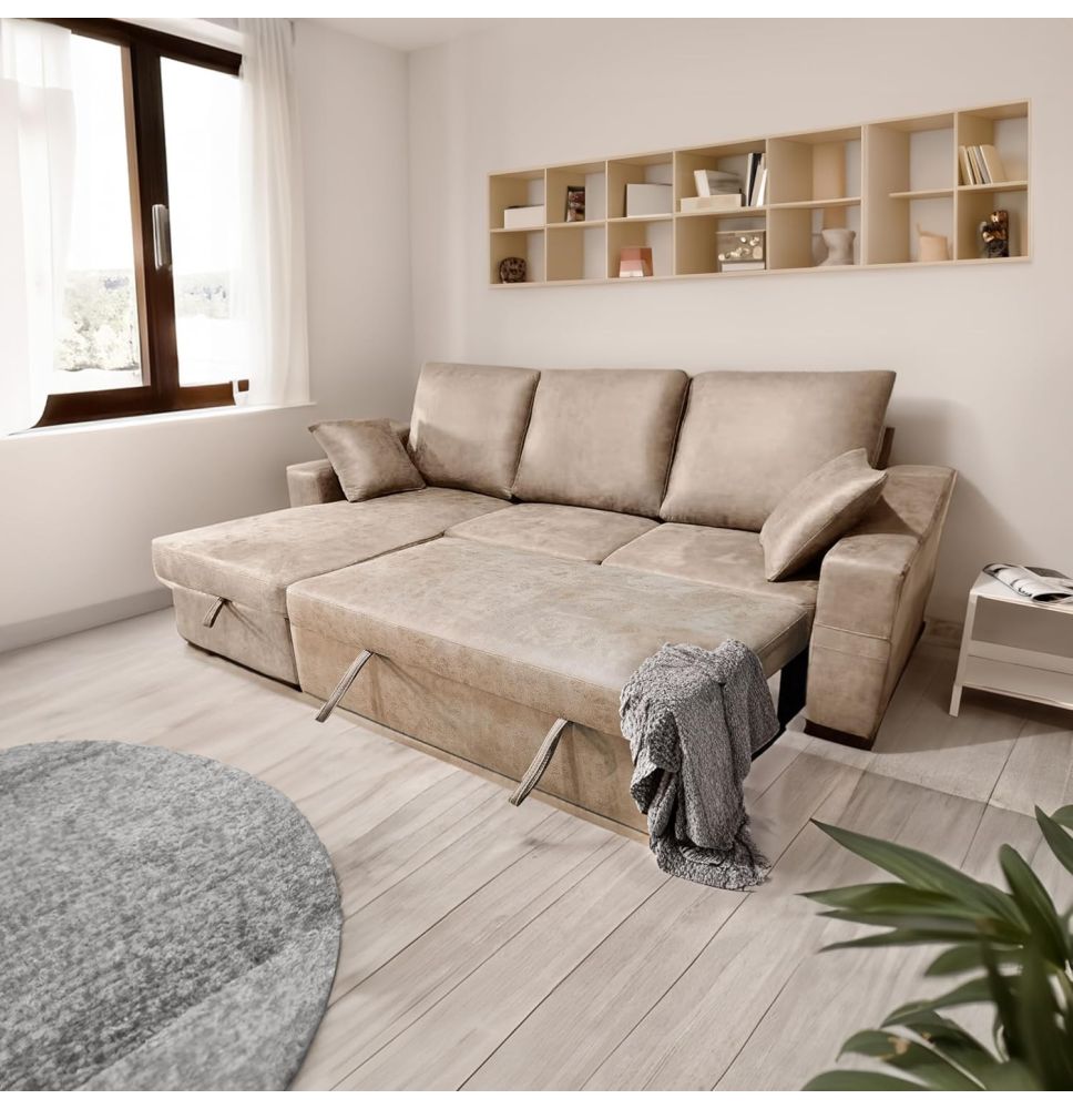 Sofá Cama 3 Plazas Reversible con Chaiselongue y Almacenaje, Tapizado en Tela Piedra, 229x93x153 cm