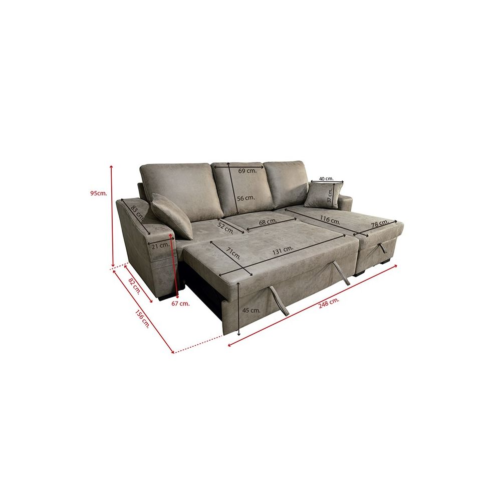 Sofá Cama 3 Plazas Reversible con Chaiselongue y Almacenaje, Tapizado, 229x93x153 cm