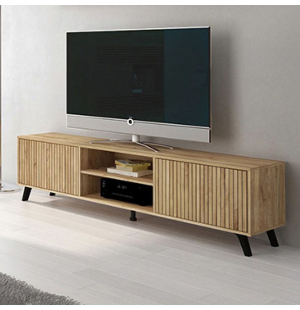 Mueble de TV de Diseño Nórdico, 2 Compartimentos y 2 Puertas, Mauvella - Rayas, 49cm (Al)x 180cm (Anc) x 40cm (Fon)