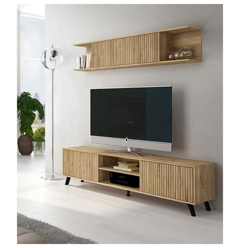 Mueble de TV de Diseño Nórdico + Modulo Alto, 2 Compartimentos y 2 Puertas,Mauvella Rayas, 49cm(Al) x 180cm (Anc) x 40cm (Fon)
