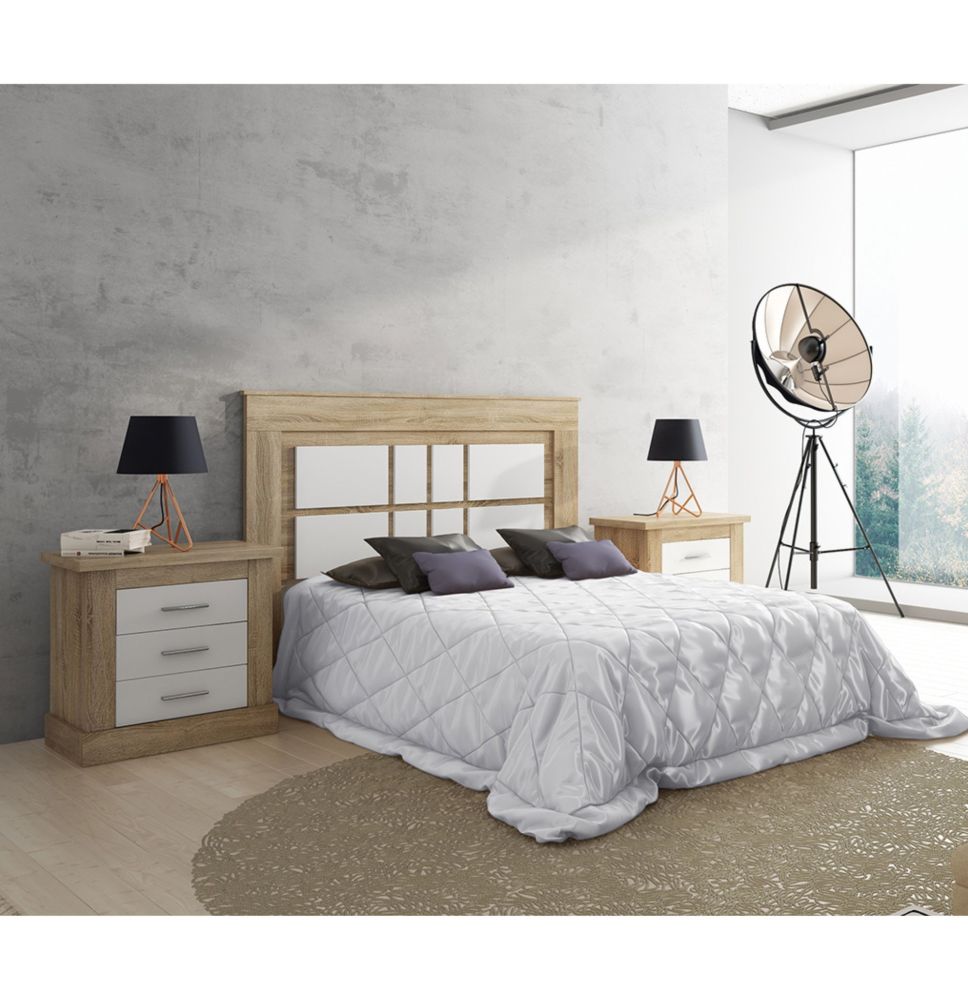 Pack Cabecero Nórdico de 160 x 120 cm + 2 Mesitas de Noche|Práctico y Elegante|Color Cambria y Blanco (para Cama de 135-140, 150
