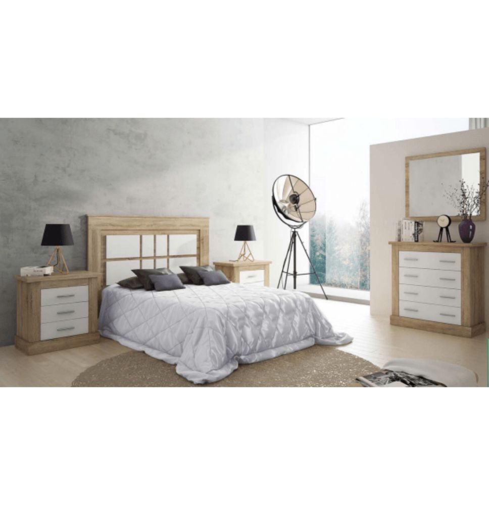 Pack de Dormitorio con Cabecero de 160 x 120 cm + 2 Mesitas de Noche + Cómoda | Color Cambria y Blanco
