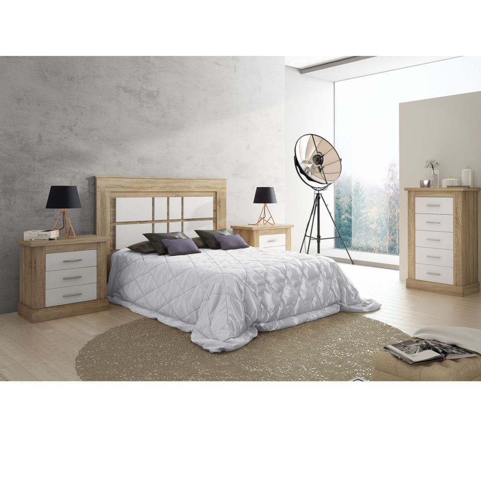 Pack de Dormitorio con Cabecero de 160 x 120 cm + 2 Mesitas de Noche + Sinfonier | Color Cambria y Blanco